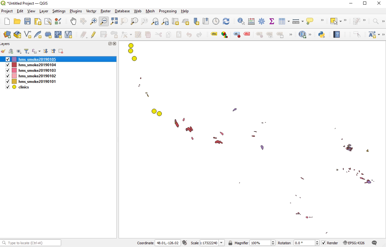 QGIS window showing the shapefiles. There is no overlap of the clinic points and smoke polygons.