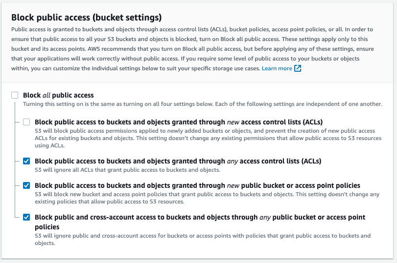 image showing Block all public access & Block public access to buckets and objects granted through new access control lists options both unchecked for an Amazon S3 bucket