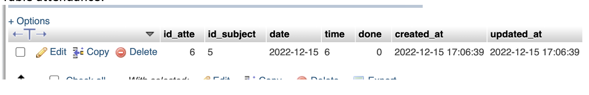 Screenshot Table attendance