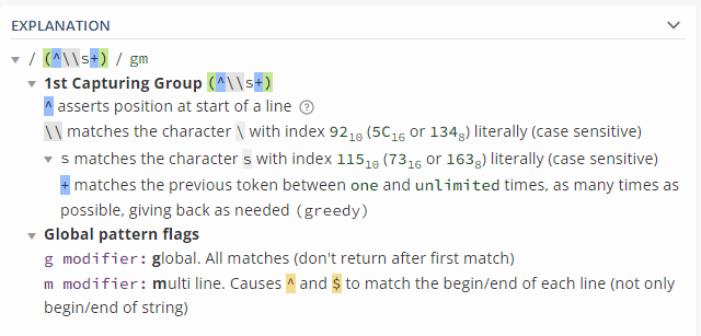 Explanation of regular expression (^\\s ) from RegEx101.com