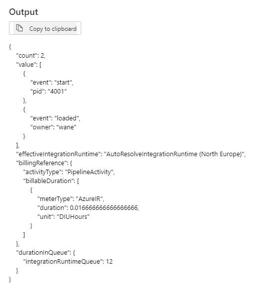 output of lookup activity