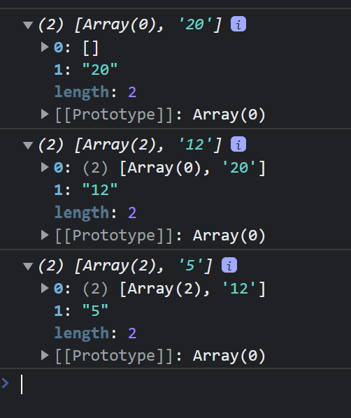 Console log of Array after 3 input values are added