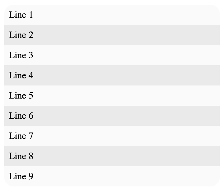 Spreadsheet lines 1-9, with alternating colors