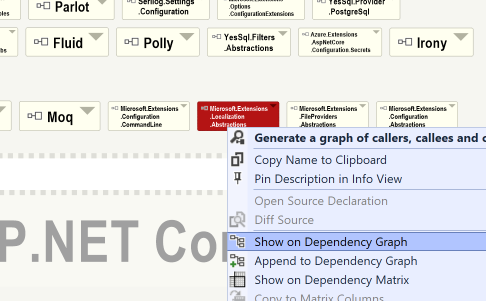 Right-click  shown on dependency graph