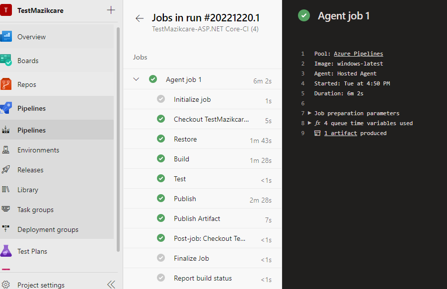 CI pipelines Output