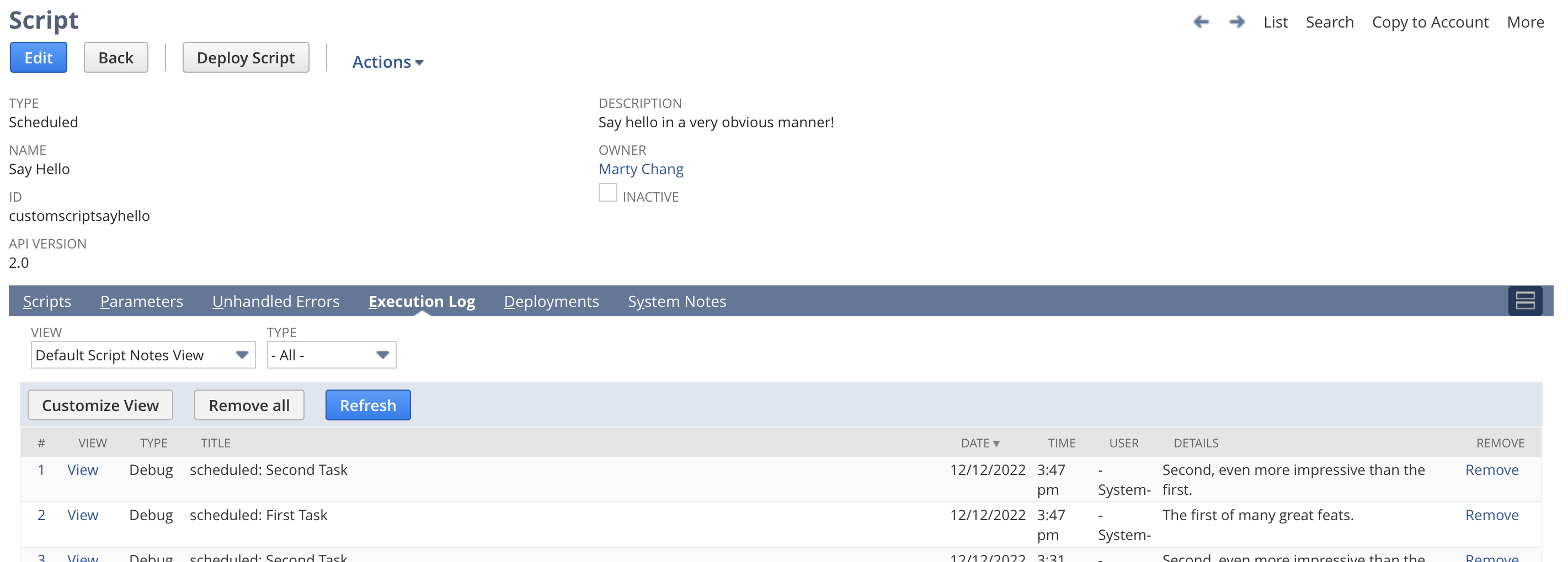 log.debug output from scheduled script