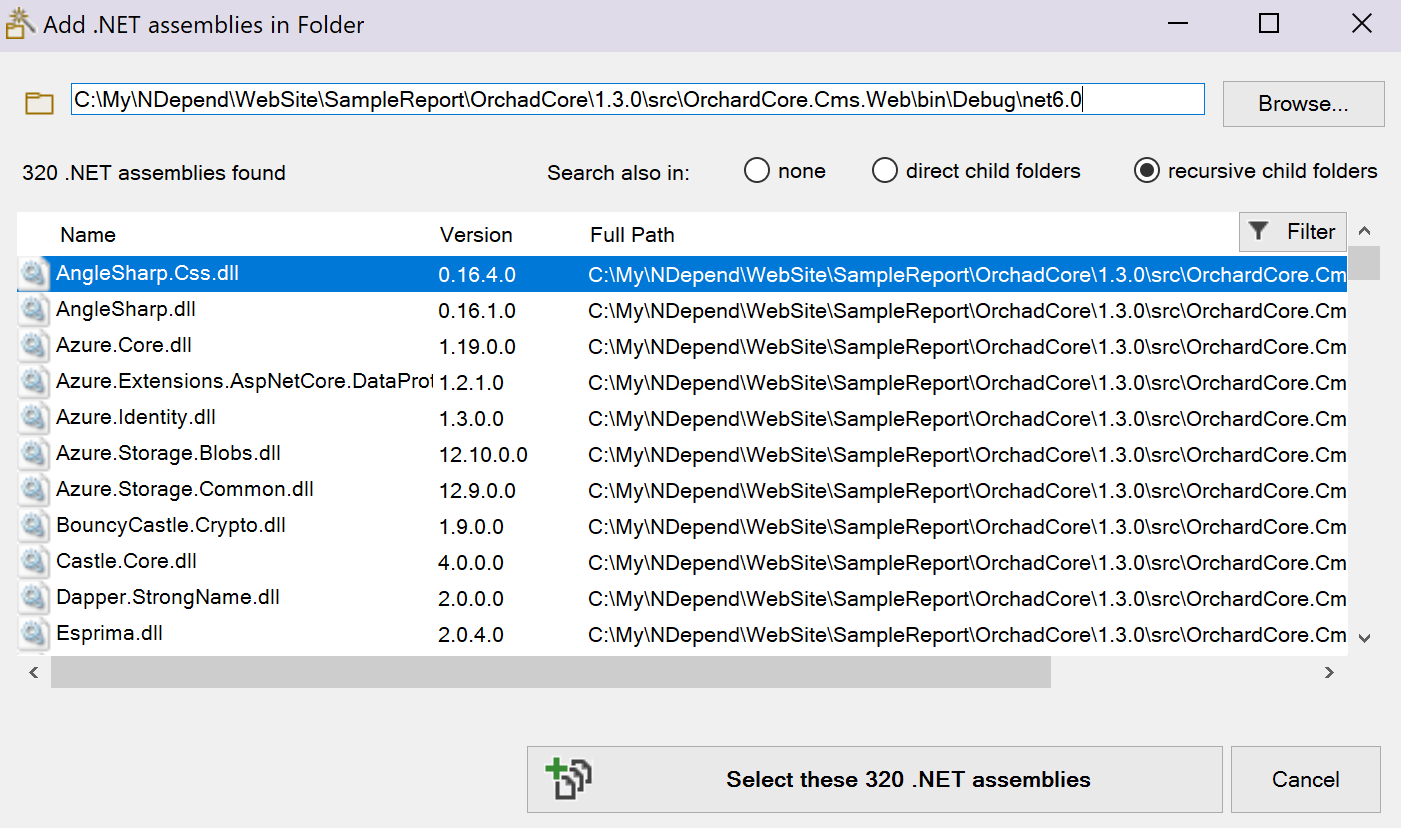 NDepend choose assemblies