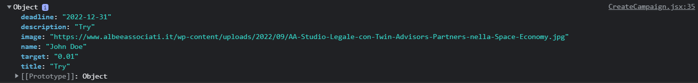 The console.log show the object, but the contract dont receive 