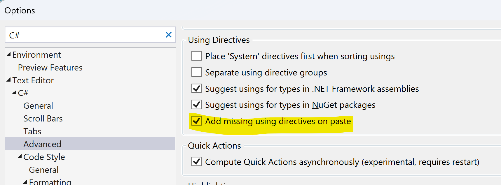 Showing the checkbox for Add missing using directives on paste