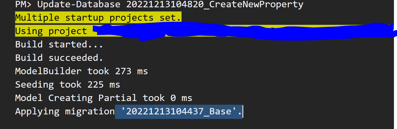 Target Migration name is set to CreateNewProperty but, the migration getting executed is Base