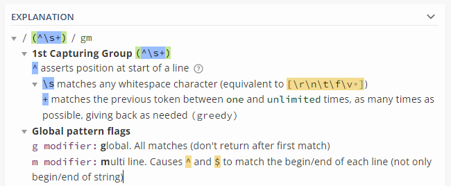 Explanation of regular expression (^\s ) from RegEx101.com