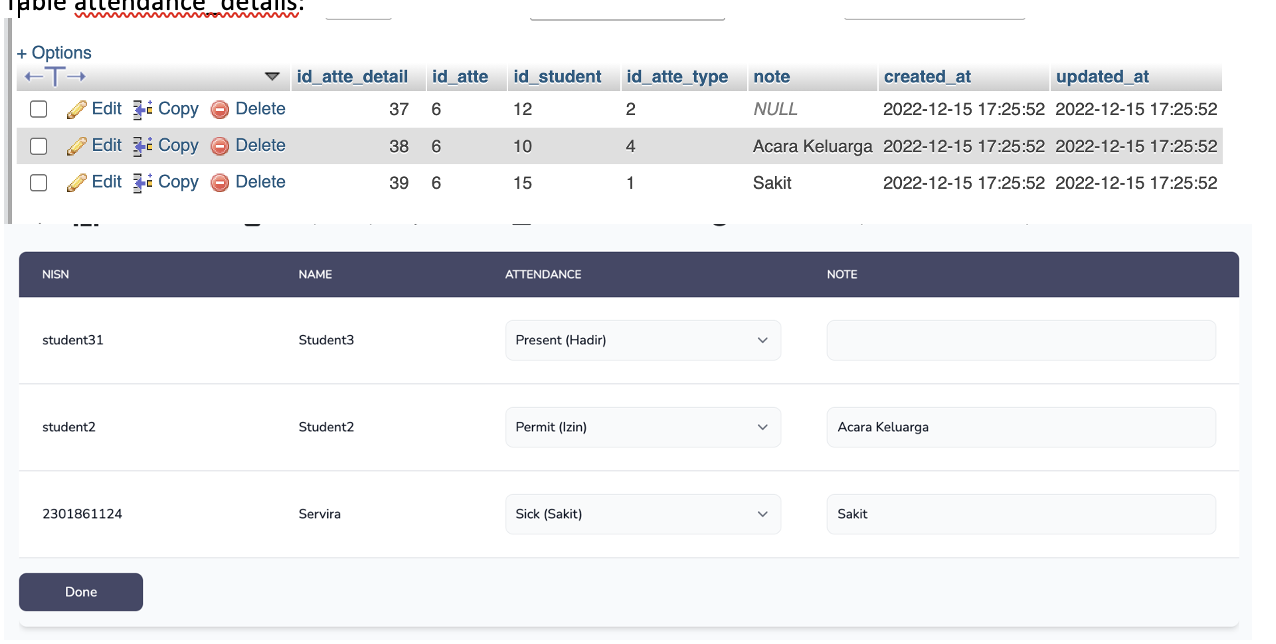 Screenshot Table attendance_details in MySQL