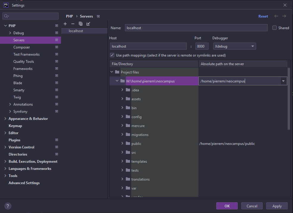 PhpStorm server config here