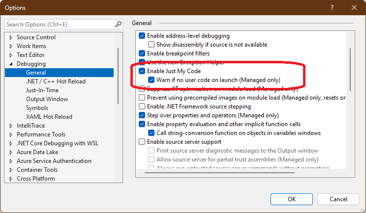 Setting "Enable Just My Code" in the Visual Studio Debugging Options