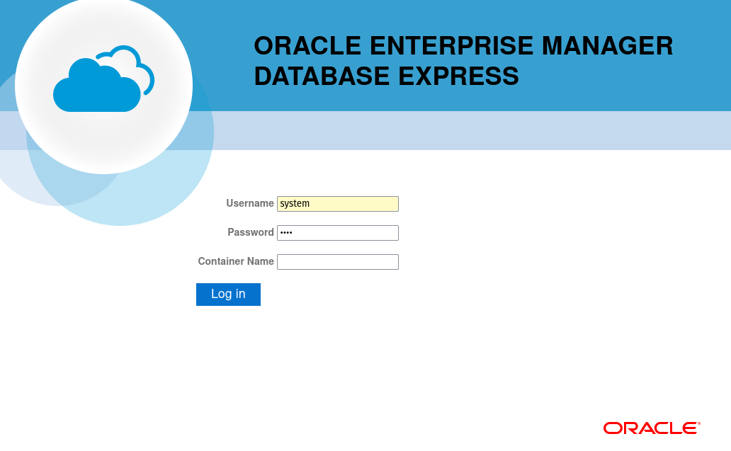 Screenshot of Oracle Enterprise Manager login form, showing "system" for username, 4 stars for password and an empty prompt for "Container name"