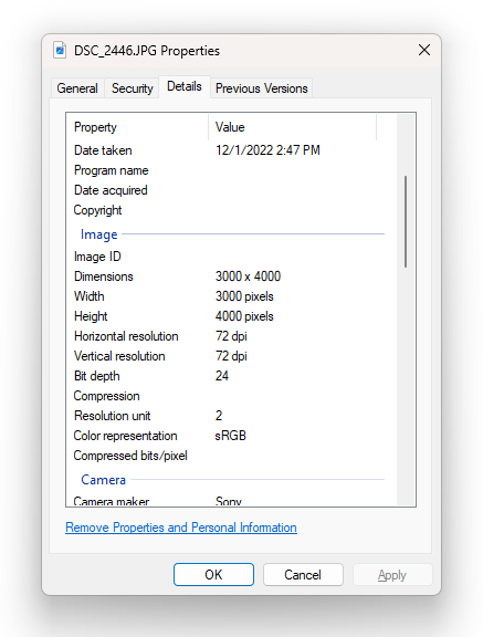 Image properties in Windows