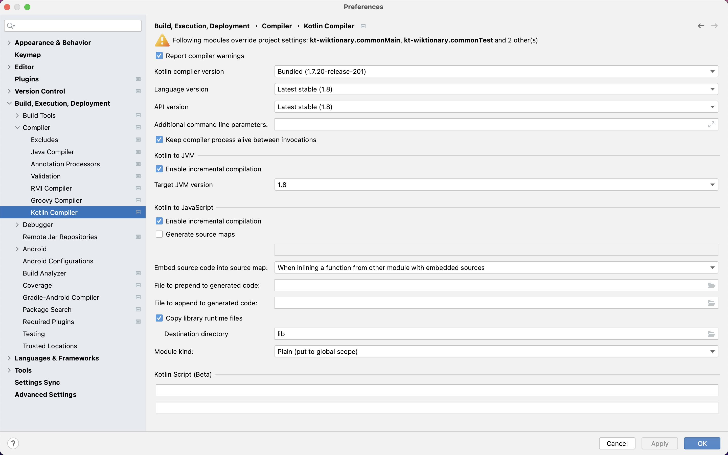 The Kotlin Compiler page of my project settings