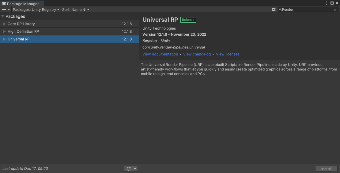 Image of the Package Manager with Universal RP selected