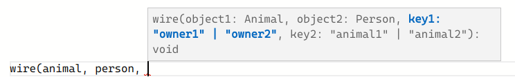 Partially-complete call to wire function showing type hints that are restricted as requested