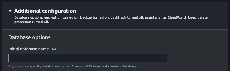 RDS MySQL Additional configuration screen