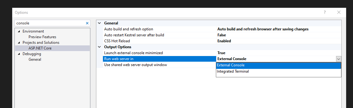 image showing option to change to external console