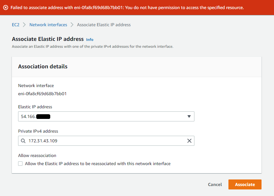 AWS EC2 admin console showing the error