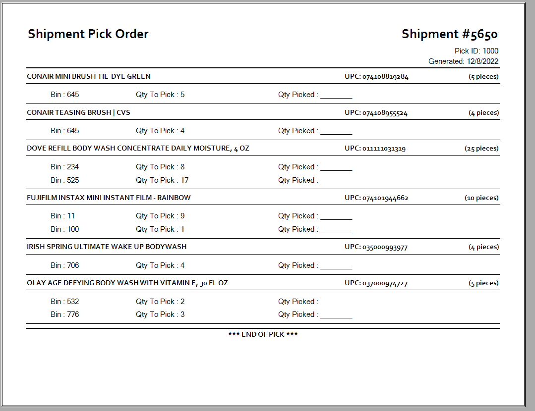 Sample pick order