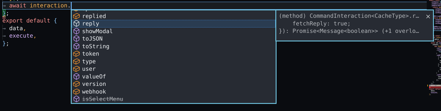 Screenshot of VSCode IntelliSense at work on a Discord.js project