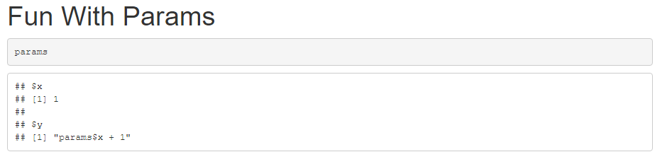 Screenshot of the rendered RMarkdown where params$y renders to the (unevaluated) text