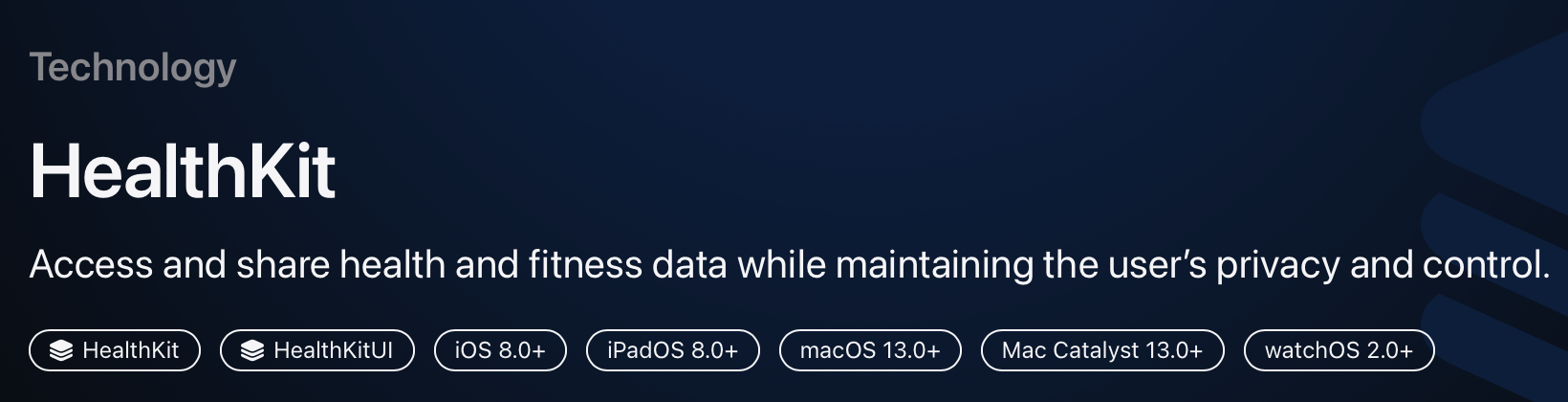 Screenshot from Apple's documentation website showing platforms on which HealthKit is available, including macOS 13.0 