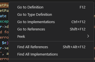 Note: I'm aware of the Go to "Definition|Type Definition|Implementations|References" in the context menu, but this is not what I'm looking for.