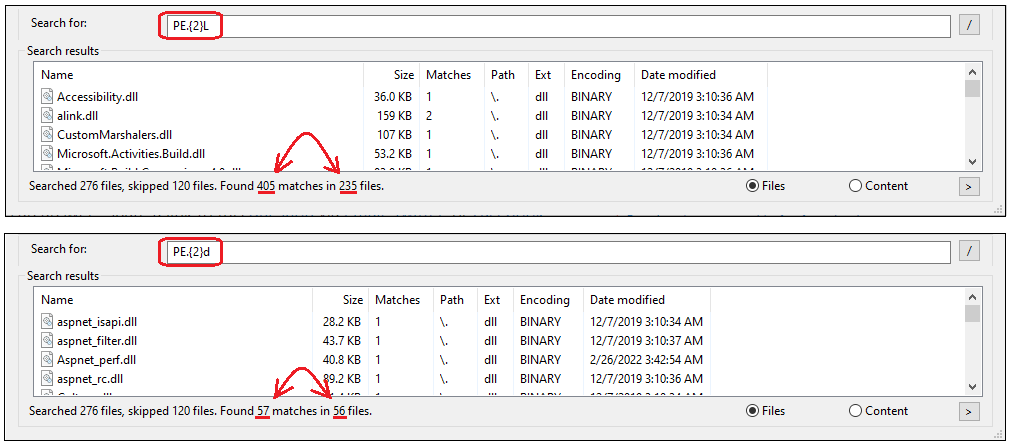 grepWin details using "PE.{2}L" and "PE.{2}d"