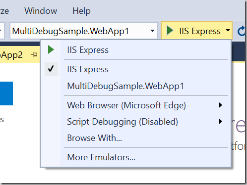 Visual Studio debug menu to select IIS Express