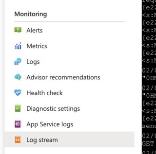 Azure Portal menu with log stream selected