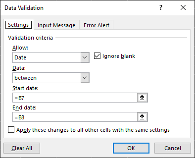 Screenshot showing data-validation rule applied to user-input cell