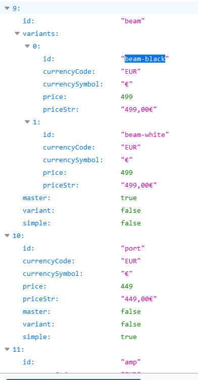 JSON shown as a nested list, elements 9 and 10