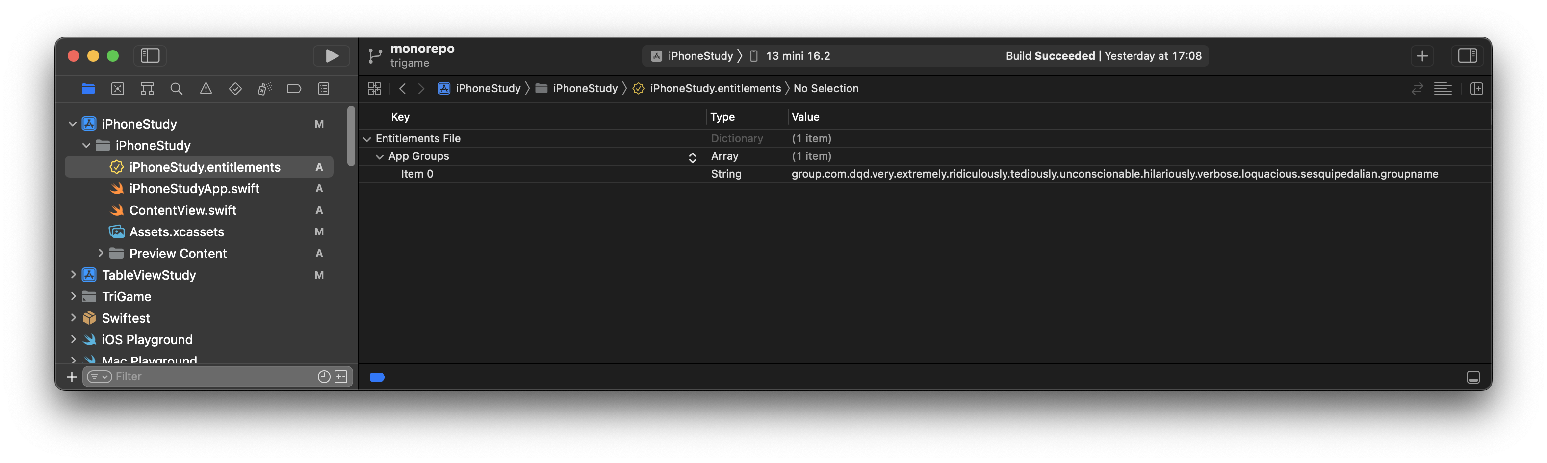 Xcode property list editor showing the app entitlements file, containing the full id "group.com.dqd.very.extremely.ridiculously.tediously.unconscionable.hilariously.verbose.loquacious.sesquipedalian.groupname"