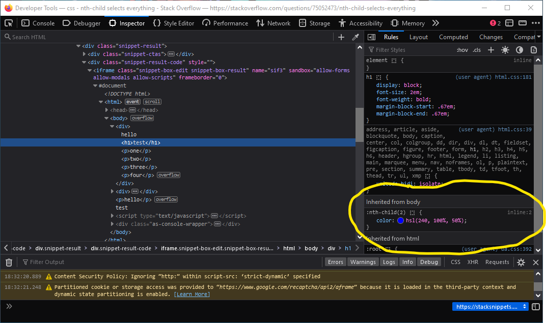 Firefox Developer Tools showing an element inheriting the color property from the body element