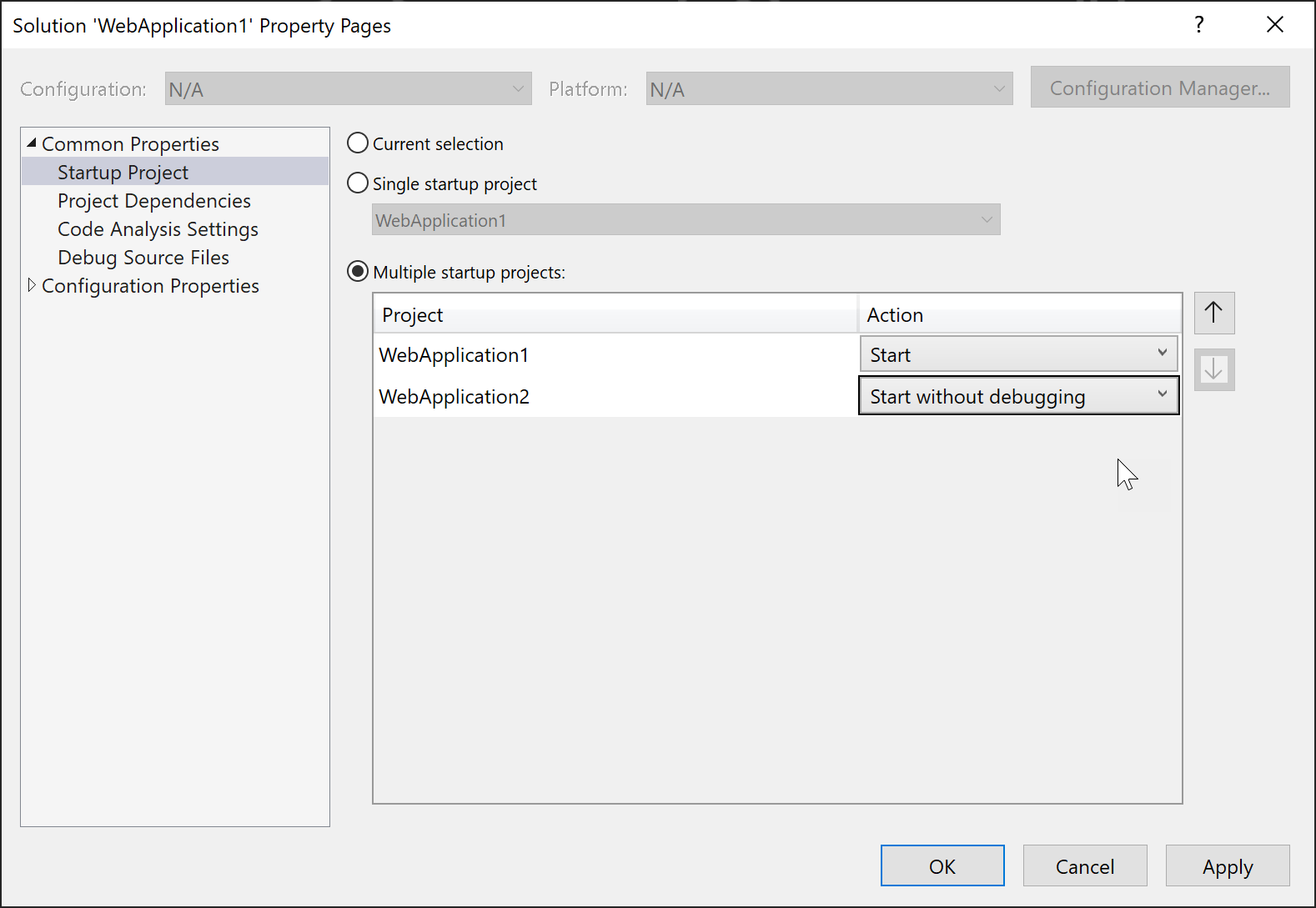 Visual Studio multiple startup projects selection