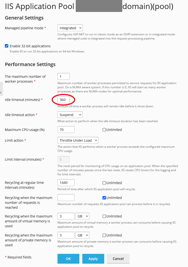 Plesk IIS Settings. Idle Timeout is set to 6 hours.