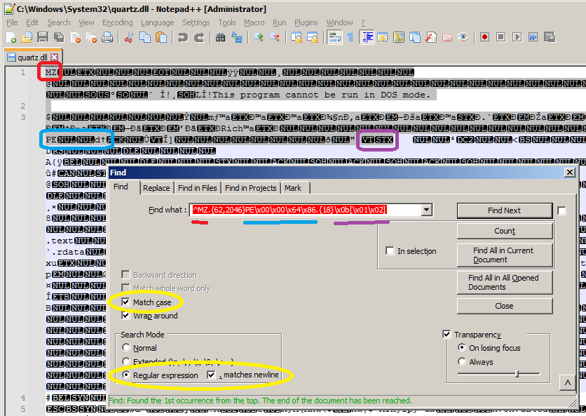 Notepad   regex matching DOS and NT headers