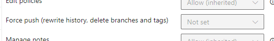 Force push (rewrite history, delete branches and tags) - Not set