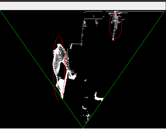 Occupancy Map, red ellipses are wrongly marked objects, green lines represent angle of vision