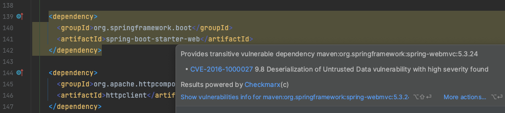 Image of pom.xml in IntelliJ with warning