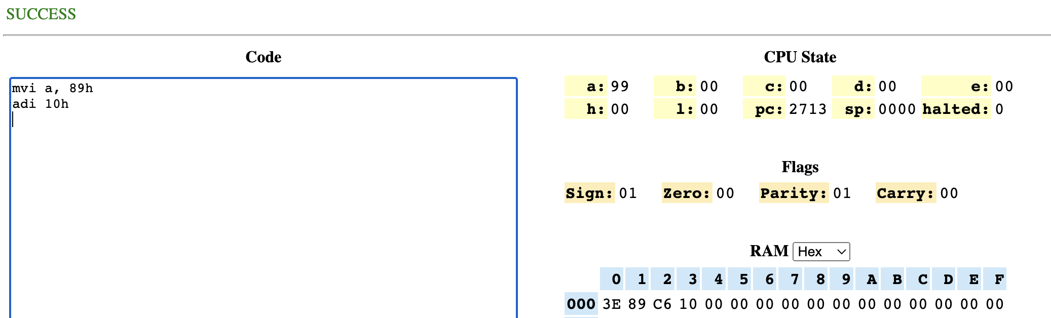 screenshot of online 8080 emulator