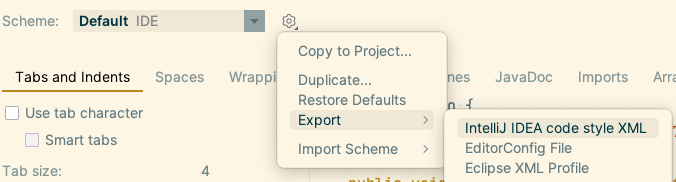 Image of a Menu popup showing export options for the code style settings