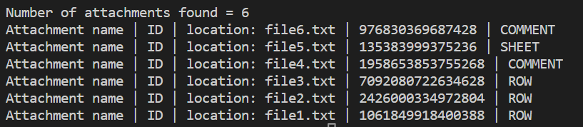 console output from List Attachments operation