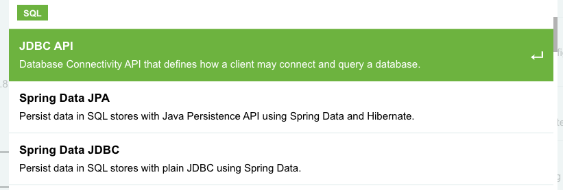 screen capture from spring initializr depicting the 3 main SQL options