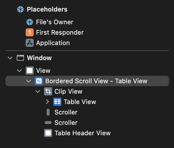 document outline view with window, content view, scroll view, and clip view children disclosed