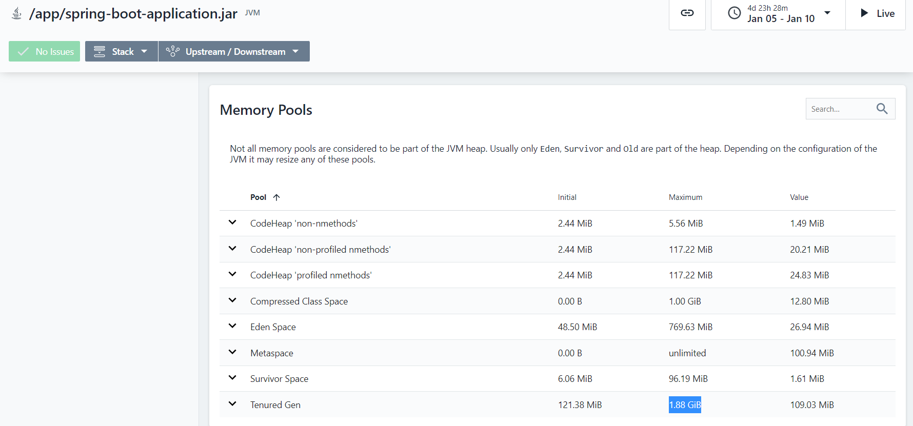 JVM memory metrics